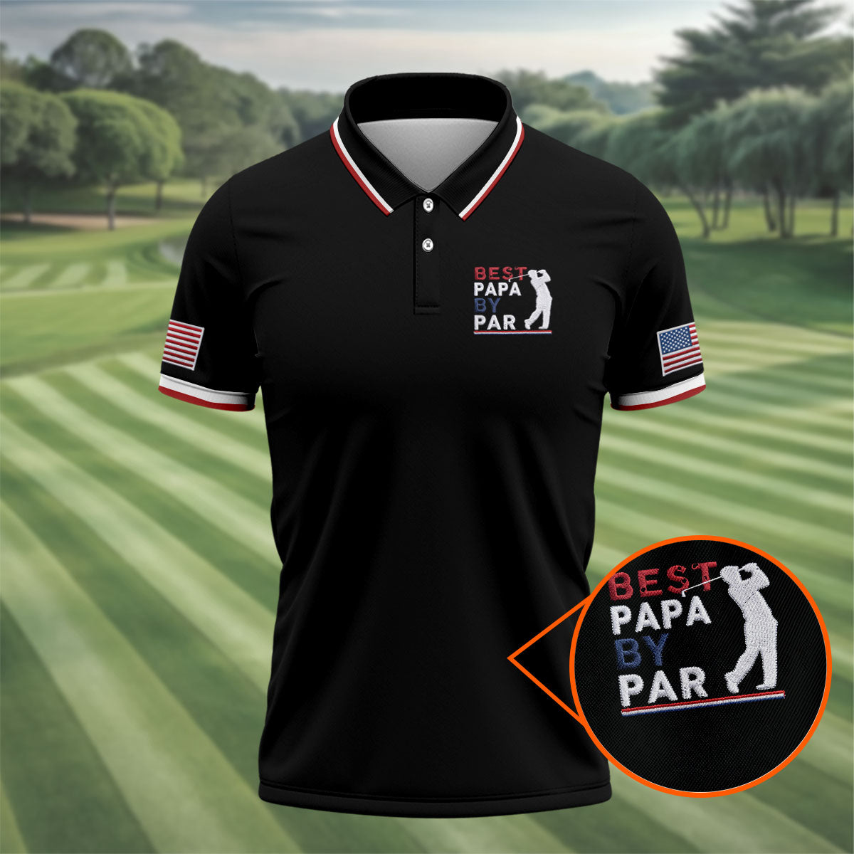 Black Best Papa By Par Embroidered Golf Polo Shirt, Mens Golf Apparel, Mens Golf Polo