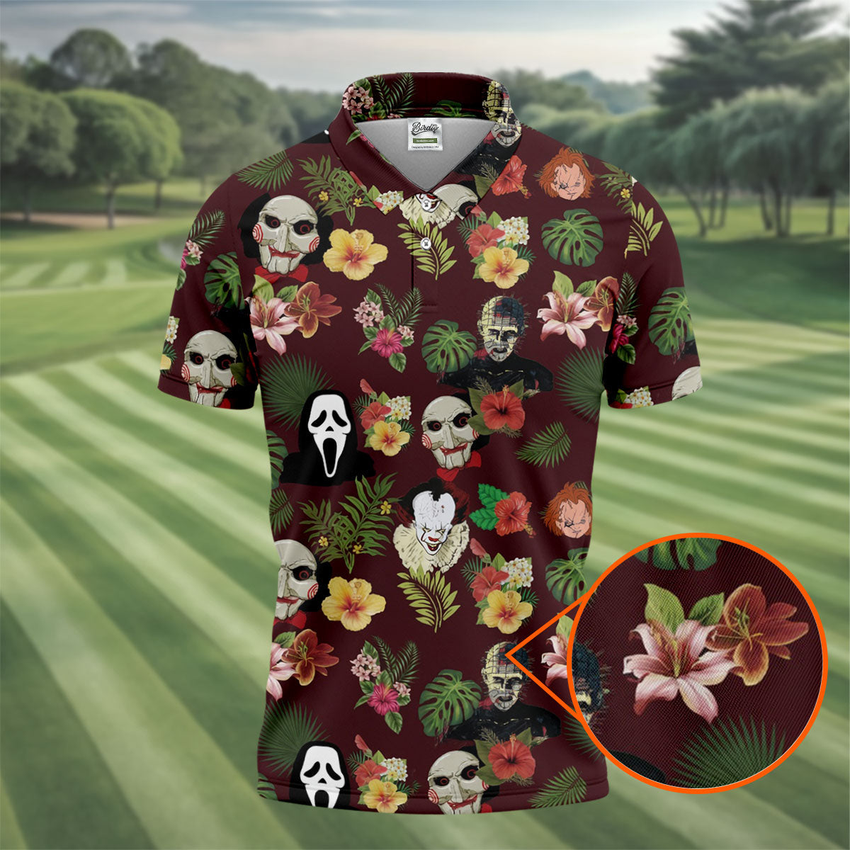 Floral Halloween Horror Character Hawaiian Golf Shirt, Women's Golf Tops, Golf Shirts For Women
