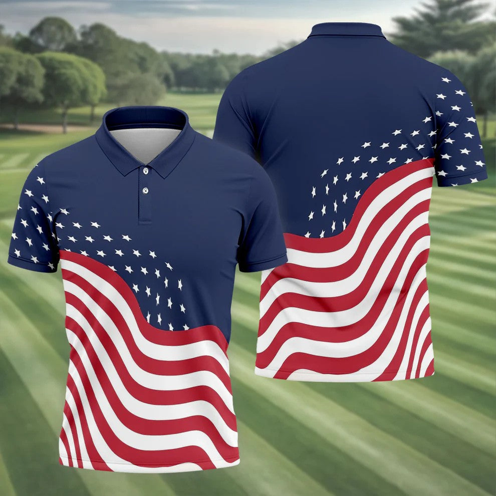 Red White Blue Wavy Stripes And Stars 4th Of July Patriotic Golf Shirt, 250 Years Golf Shirts For Men