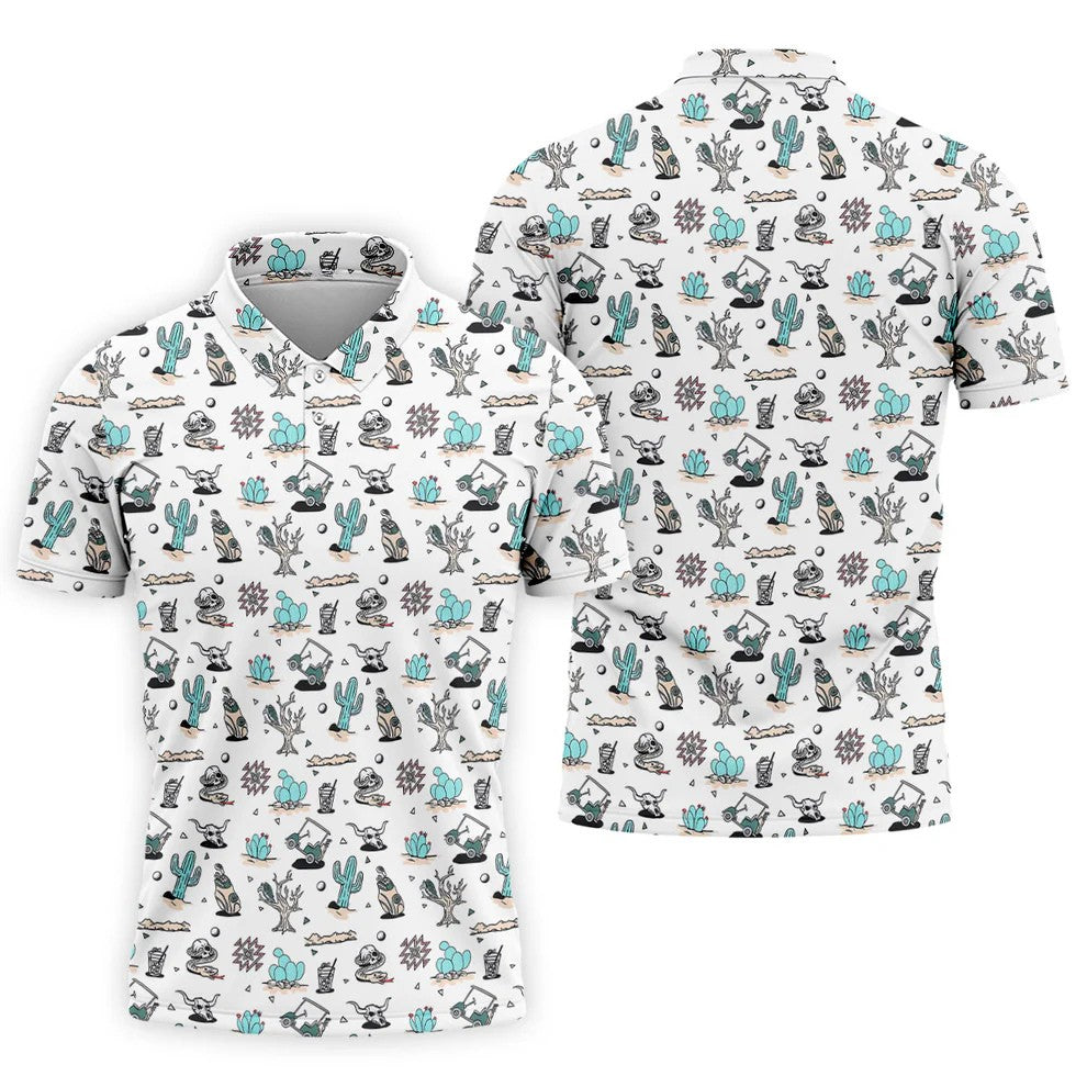 White Desert Golf Pattern Golf Polo Shirt, Golf Polo Shirts For Men, Hawaiian Golf Shirt