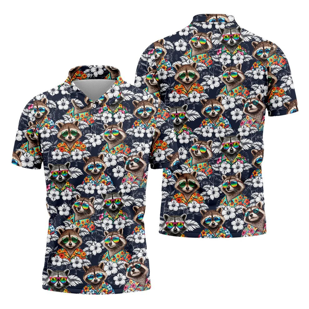 Cool Raccoons in Rainbow Sunglasses Hawaiian Golf Polo, Golf Tops For Men, Golfing Apparel