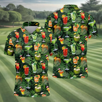 Tropical Cocktail Coconut And Palm Leaf Golf Polo, Hawaiian Golf Shirt, Mens Golf Apparel