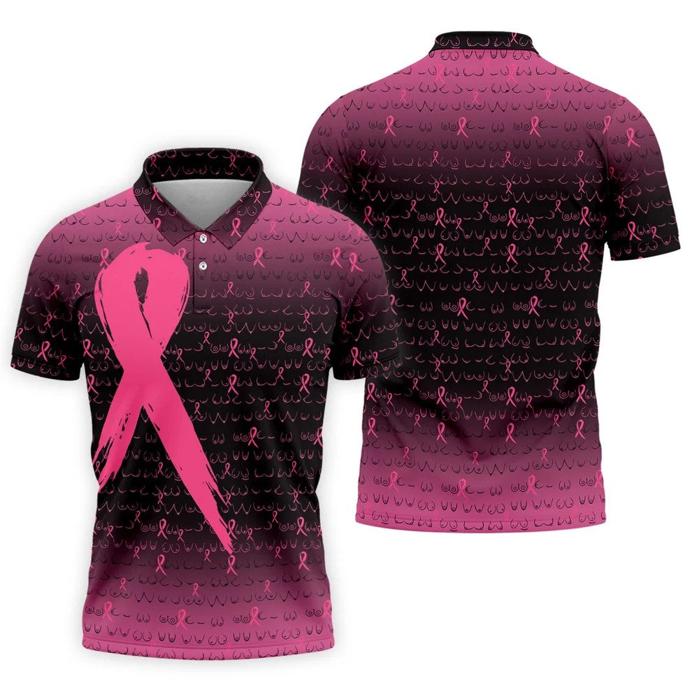 Pink Ribbon Boob Pattern Breast Cancer Polo Shirt, Mens Golf Polo, Printed Golf Shirts