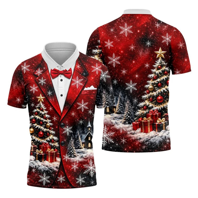Tuxedo Tree Snowflakes Christmas Golf Shirt, Golf Shirts For Men, Mens Golf Apparel