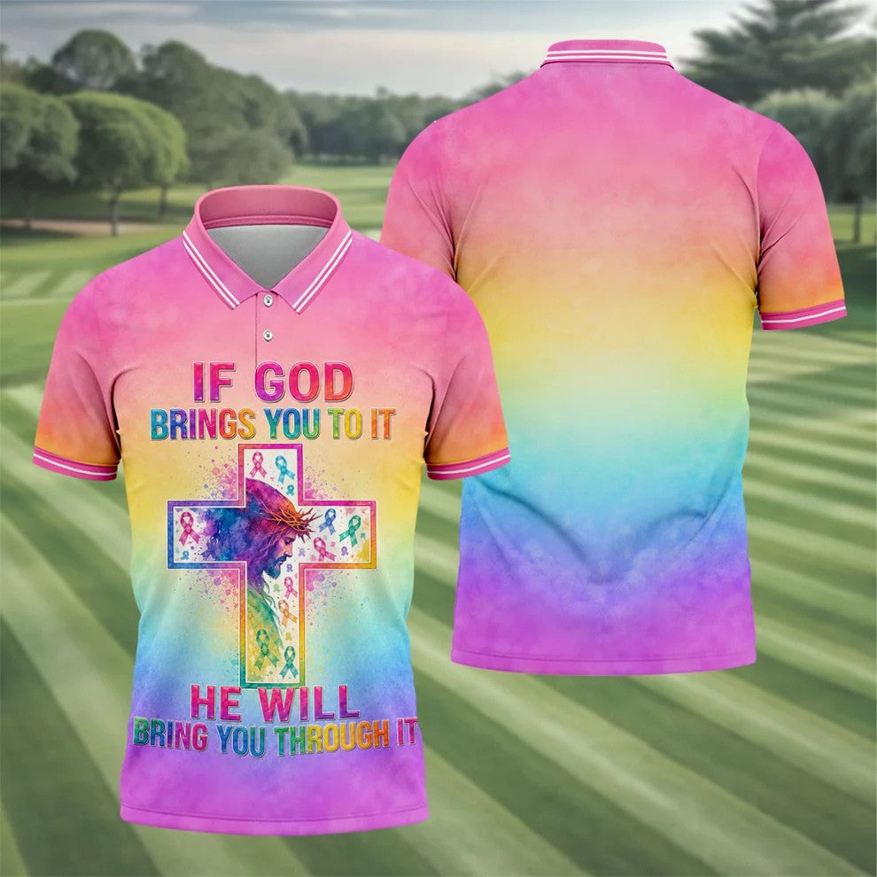 If God Brings You To It Cancer Cross Polo Shirt, Mens Golf Polo, Golf Apparel For Men