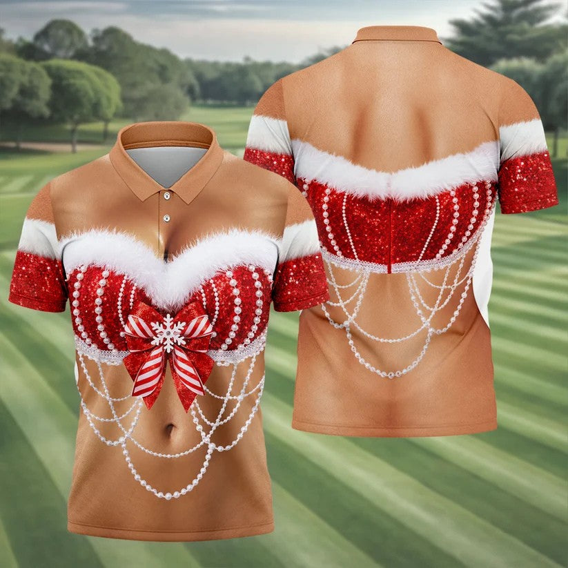 Sexy Santa Bra And Pearls Christmas Golf Shirt, Mens Golf Polo, Golf Shirts For Men