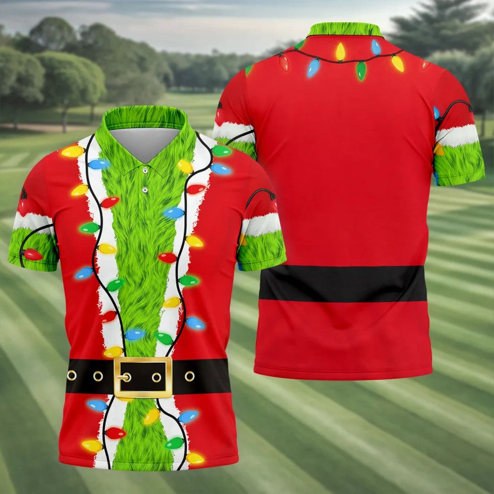 Green Furry Santa Suit Christmas Golf Shirt, Golf Shirts For Men, Golf Polo For Men