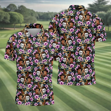 Floral Horror Character Halloween Golf Polo Shirt, Halloween Shirt, Golf Shirts For Men