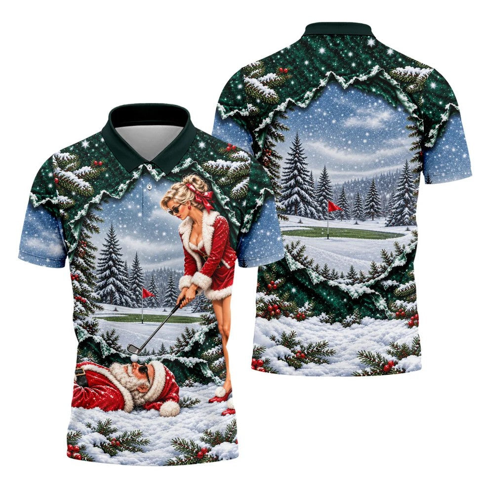 Pin Up Santa Girl Golfer Christmas Golf Shirt, Mens Golf Clothing, Mens Golf Shirts