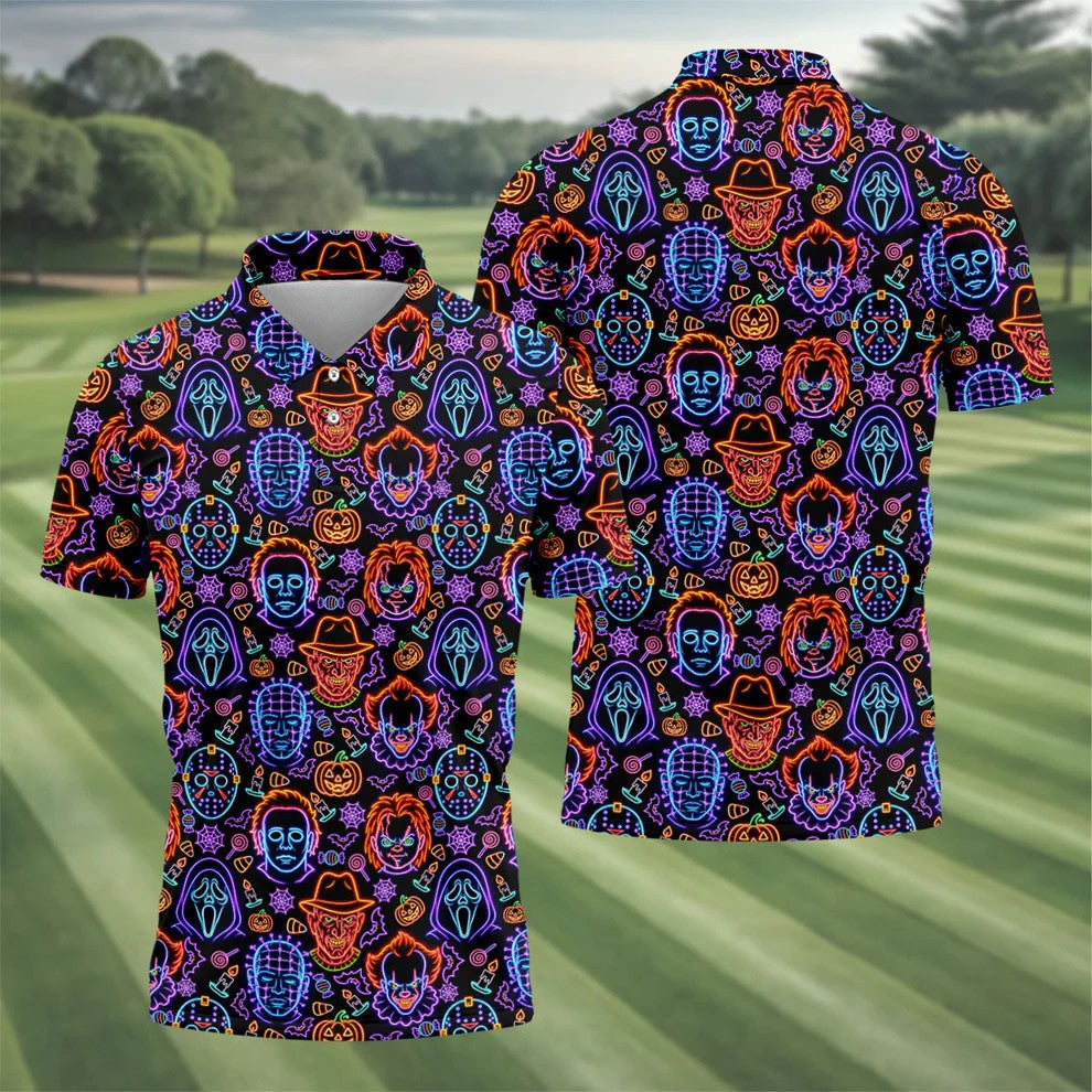 Neon Horror Character Movie Villain Pattern Golf Polo Shirt, Men's Golf Polo, Hawaiian Golf Shirt