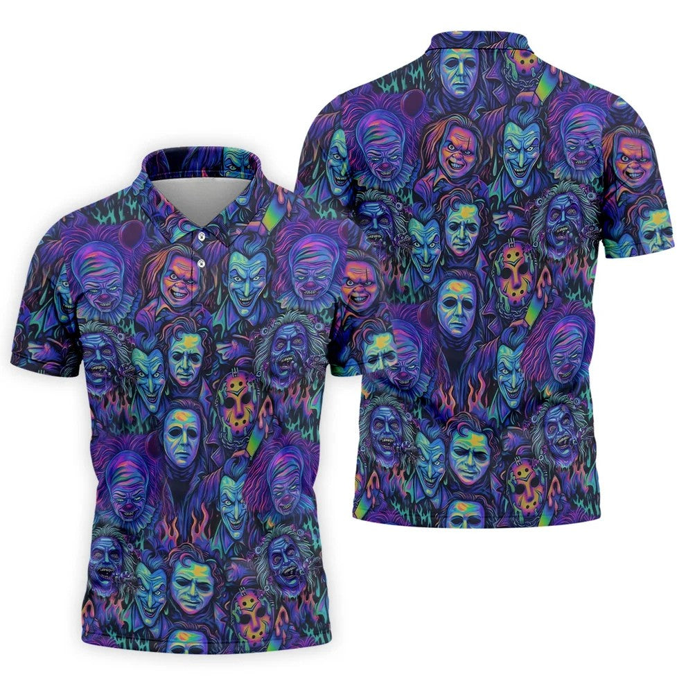 Neon Horror Character Villains Halloween Golf Shirt, Mens Golf Polo, Golf Apparel For Men