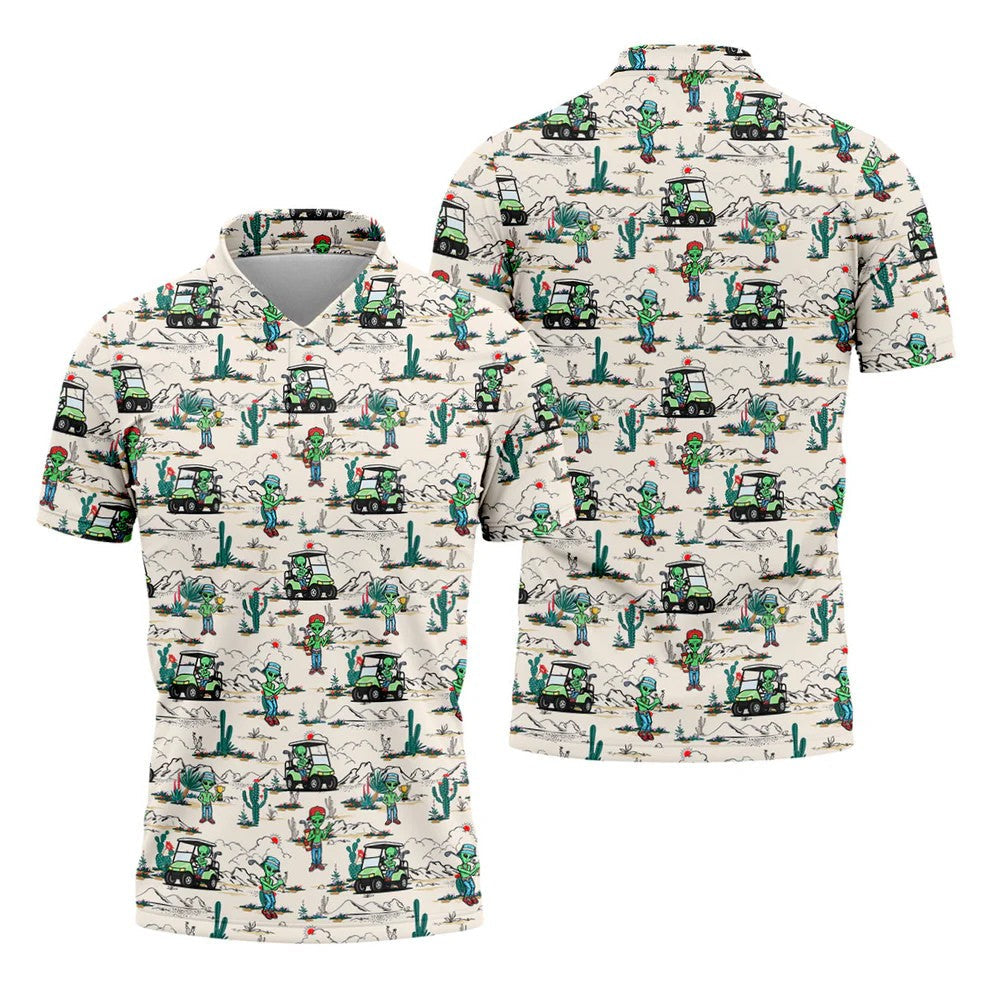 Beige Alien Desert Golf Pattern Golf Polo Shirt, Golf Polo Shirts For Men, Hawaiian Golf Shirt
