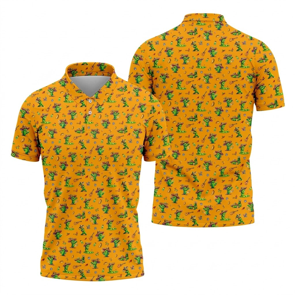 Cartoon Mustach Funny Cactus Cinco De Mayo Celebration Fiesta Themed Orange Golf Shirts For Men