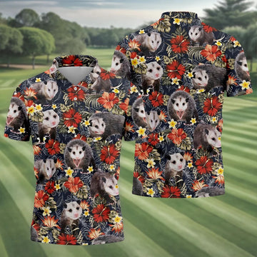 Cute Possums Hibiscus Flowers Golf Polo, Island Foliage Hawaiian Golf Shirt, Golf Tops For Men, Golfing Apparel