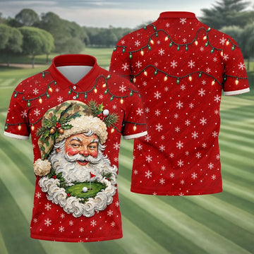Camo Hat Santa Face Christmas Golf Shirt, Mens Holiday Golf Shirts, Mens Golf Apparel