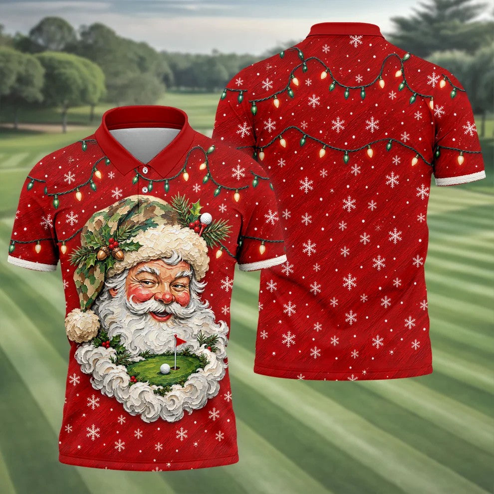 Camo Hat Santa Face Christmas Golf Shirt, Mens Holiday Golf Shirts, Mens Golf Apparel