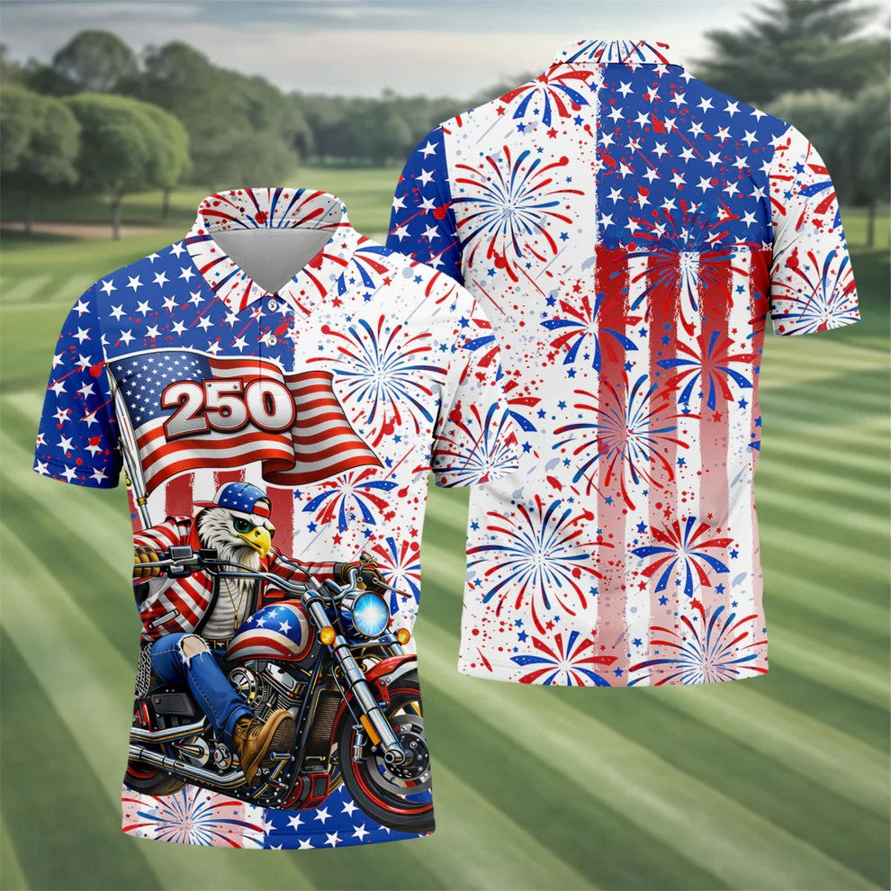 250 Years Eagle Motorcycle American Flag Golf Shirt, Patriotic 4th Of July Golf Shirts For Men