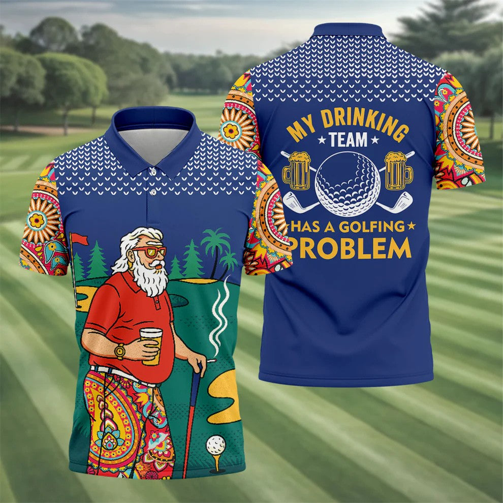 Funny Bearded Golfer Drinking Beer And Smoking Golf Polo, Golf Polo Shirts For Men, Printed Golf Shirts