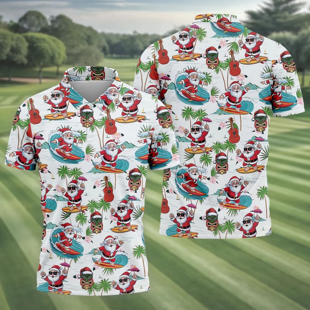 Surfing Santa Tropical Christmas Golf Shirt, Christmas Golf Shirt, Golf Apparel For Men