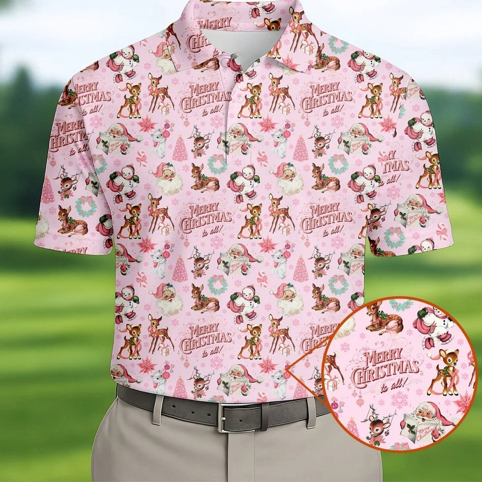 Festive Santa Pink Merry Christmas Golf Tops For Men, Christmas Golf Shirt, Men Golf Apparel