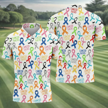 Cancer Sucks Multicolor Awareness Ribbon Polo Shirt, Mens Golf Polo, Printed Golf Shirts