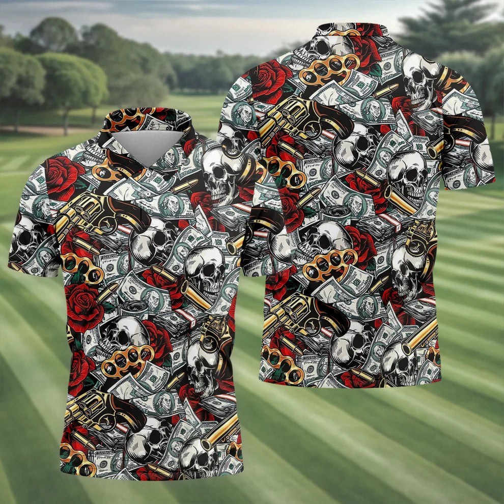 Black Skull Cash Rose Western Pattern Golf Polo Shirt, Men's Golf Shirt, Hawaiian Golf Shirt