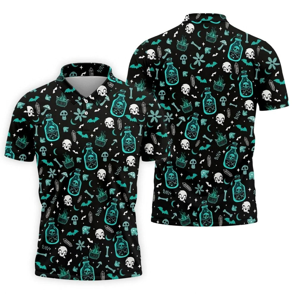 Skull Potion Halloween Pattern Polo Shirt, Printed Golf Shirts, Golf Apparel For Men