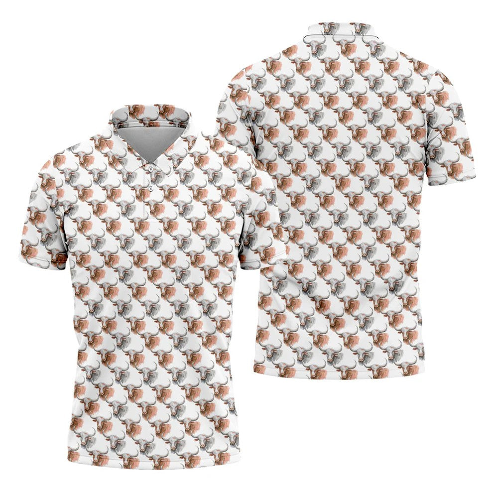 Longhorn Watercolor Pattern Golf Polo Shirt, Golf Apparel For Men, Hawaiian Golf Shirt