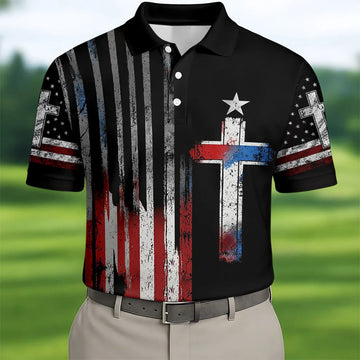 Faith Cross US Flag Golf Shirt, 250 Years Retro Golf Shirt, Patriotic 4th Of July Polo Shirts For Men