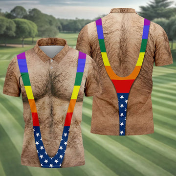 Funny Hairy Chest Rainbow Suspenders Golf Polo, Golf Shirts For Men, Mens Golf Apparel