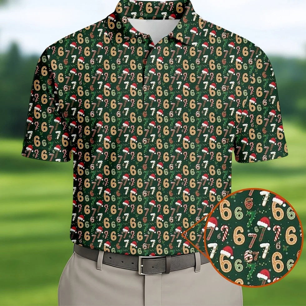 Six Seven Funny Christmas Green Golf Tops For Men, Christmas Golf Shirt, Men Golf Apparel