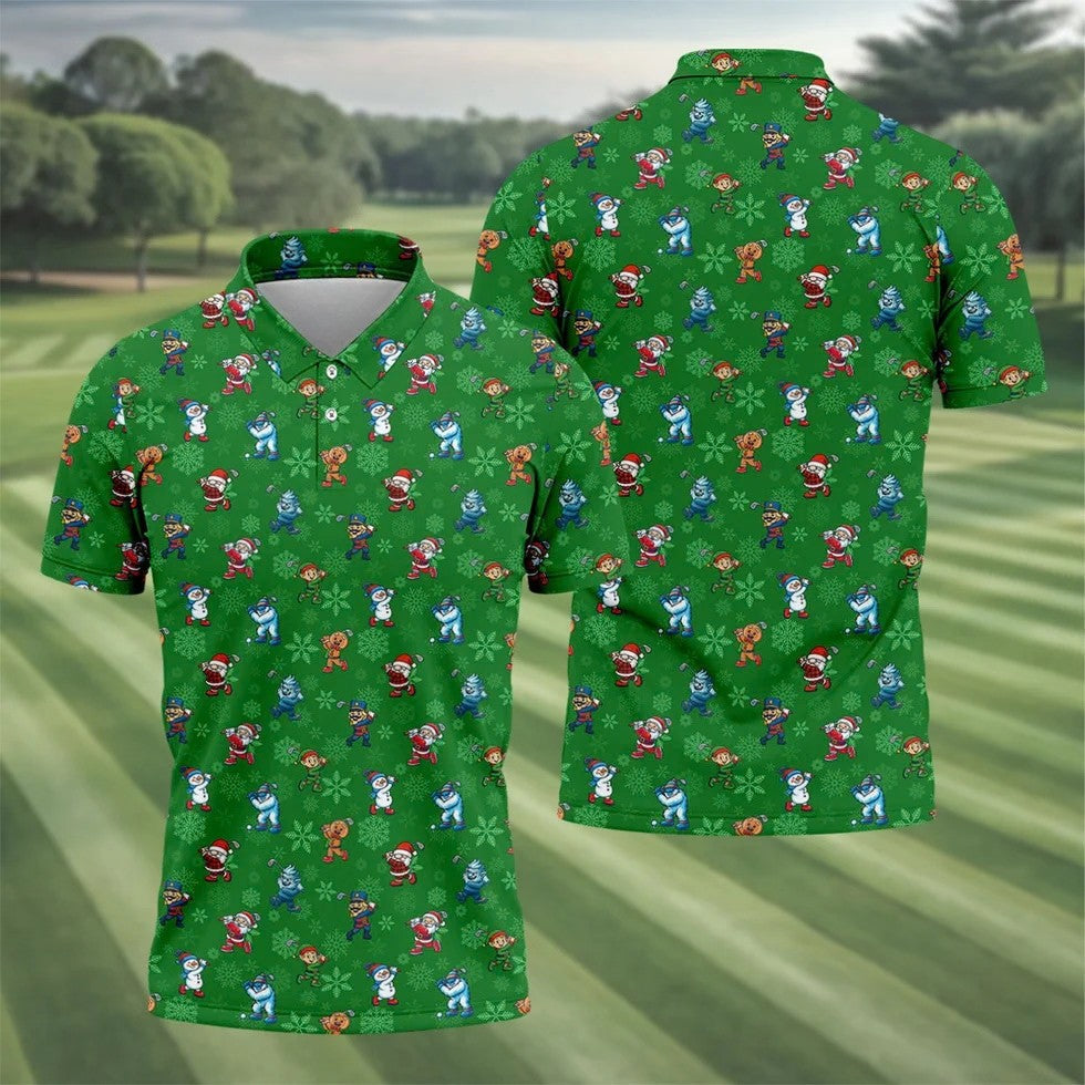 Funny Christmas Characters Golf Pose Green Golf Shirt, Christmas Golf Shirt, Polo Shirts For Men