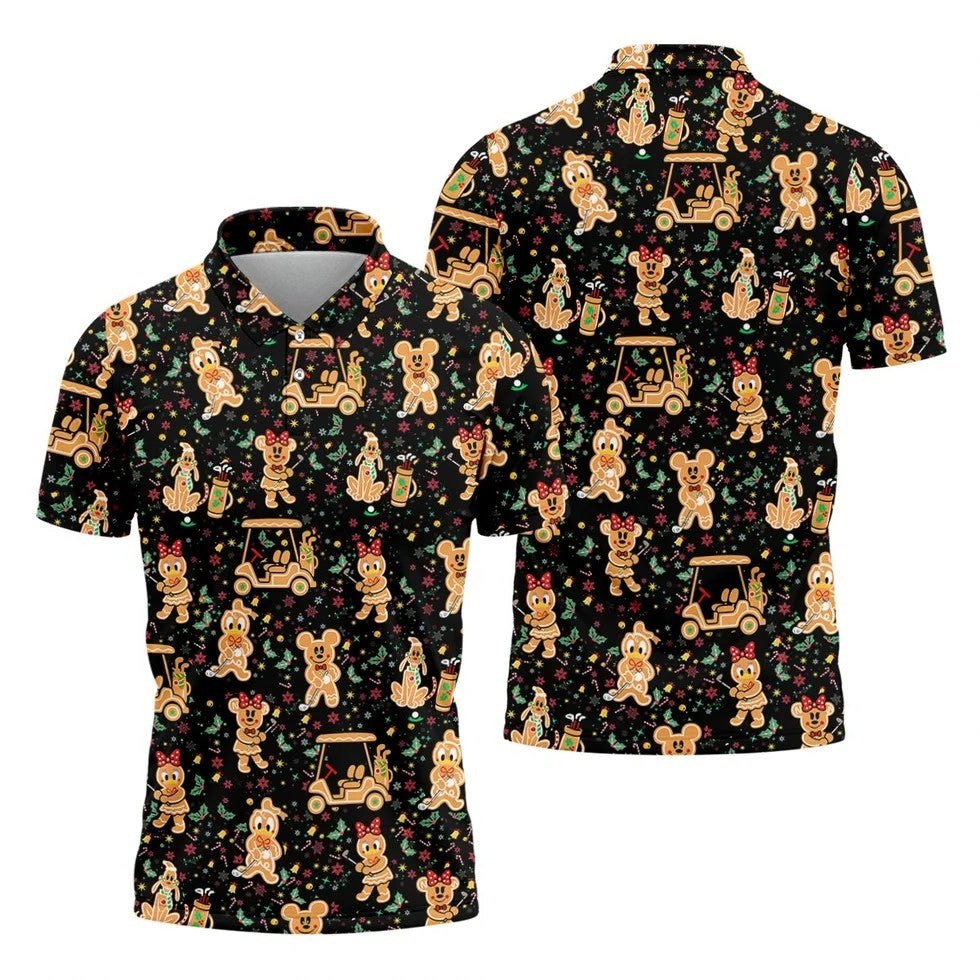 Cartoon Gingerbread Black Golf Shirt, Christmas Golf Shirt, Polo Shirts For Men, Golf Gift For Men
