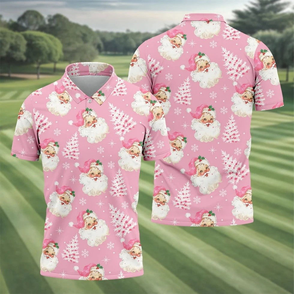 Pink Santa Claus Christmas Golf Shirt, Cute Golf Outfit, Polo Shirts For Men, Golf Gift For Men