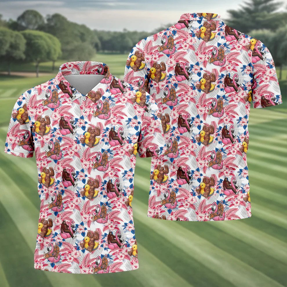 Funny Bigfoot Pool Party Hawaiian Golf Shirt, Red White Blue Tropical Flamingo Golf Shirts For Men