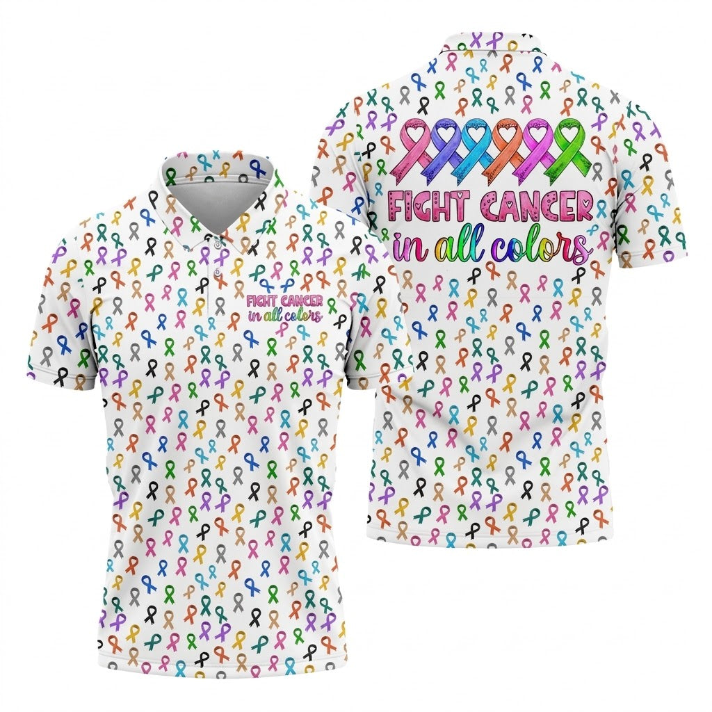 Fight Cancer In All Color Men's Golf Shirt, Cancer Awareness Shirt, Cancer Survivor Shirt, Golf Gift For Men