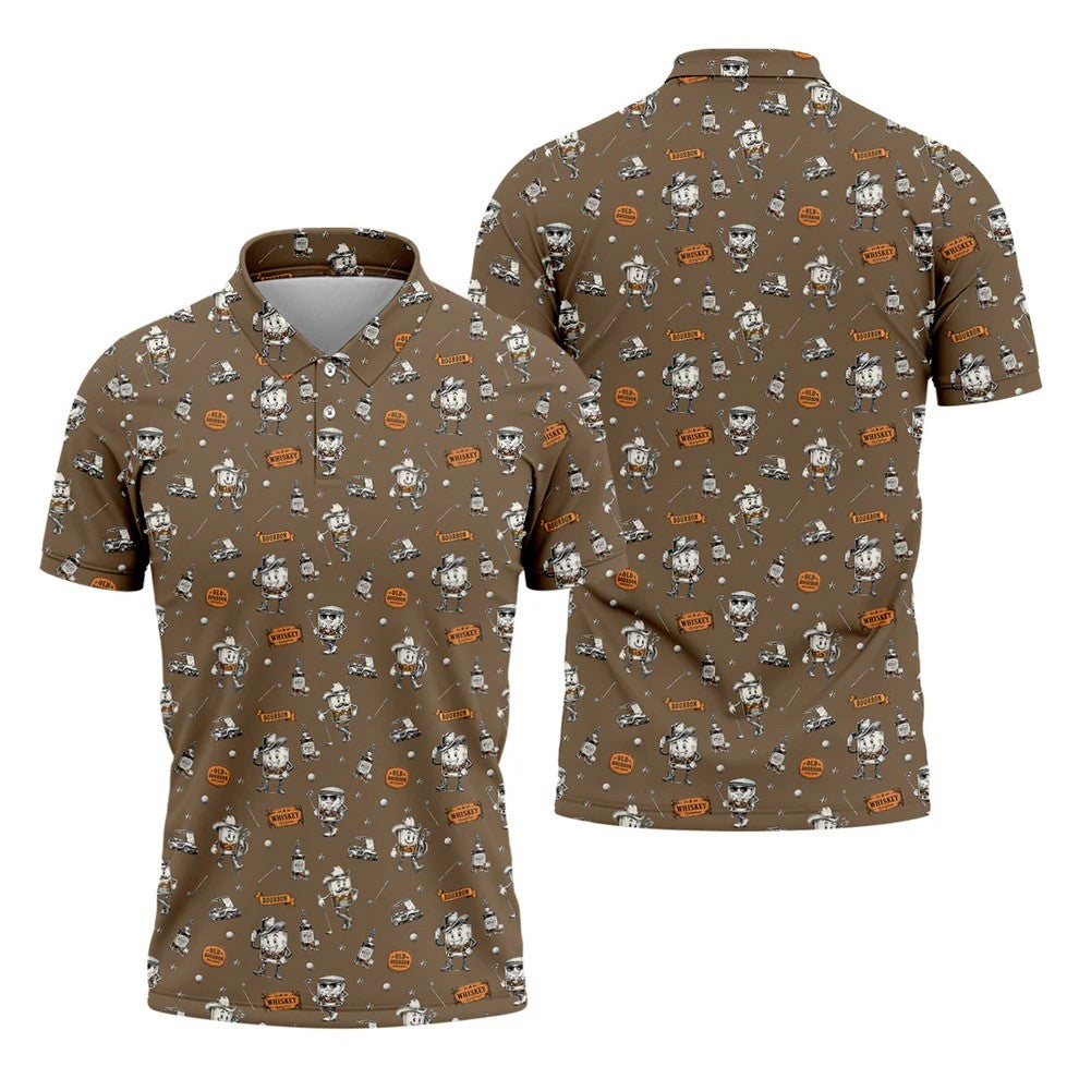 Funny Bourbon Whiskey Golf Pattern Polo Shirt, Men's Golf Apparel, Novelty Golf Shirts For Men