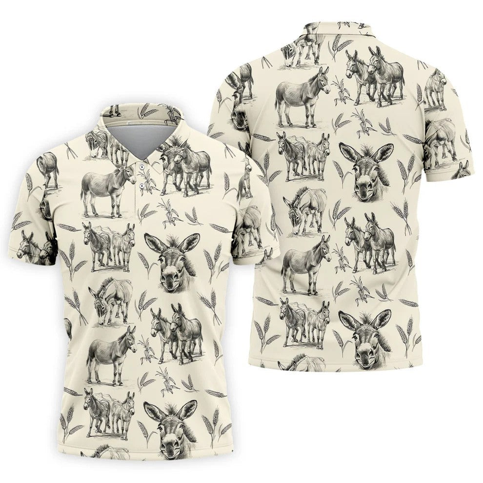Vintage Donkey Sketch Pattern Hawaiian Golf Polo Shirt, Hawaiian Golf Shirt, Golf Shirts For Men