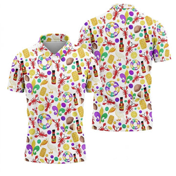 Fleur De Lis Flower White Pelican Lobster Hot Sauce Mardi Gras Golf Shirt, Golf Tops For Men, Polo Shirts For Men