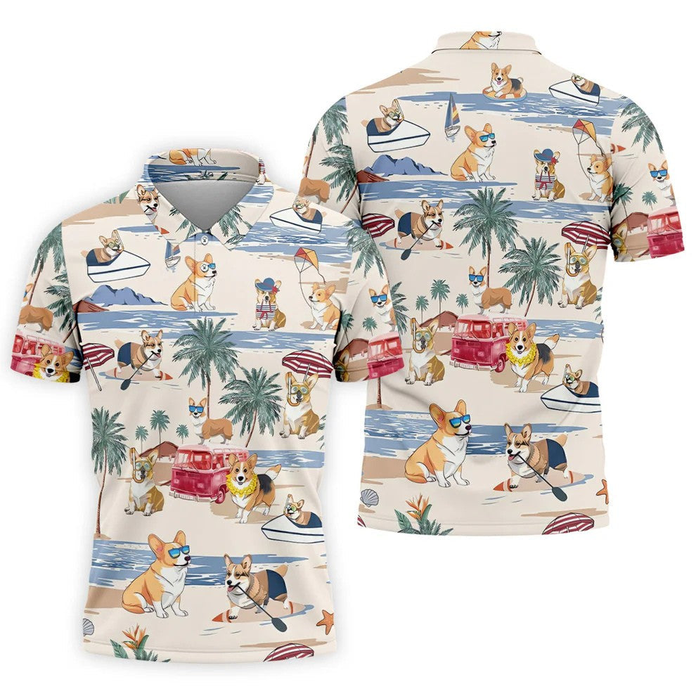 Cute Corgi Beach Vacation Tropical Golf Polo Shirt, Hawaiian Golf Shirt, Golf Shirts For Men