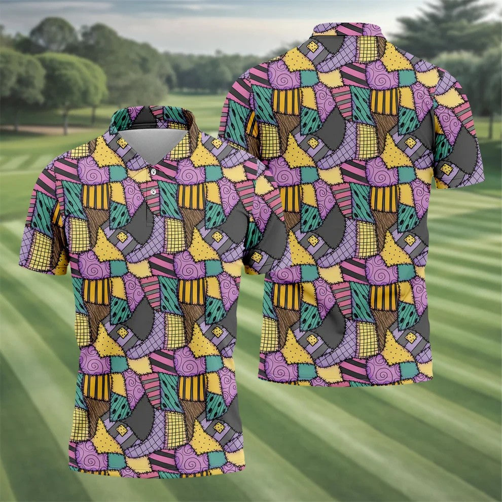 Halloween Patchwork Pattern Golf Polo Shirt, Men's Golf Shirt, Hawaiian Golf Shirt