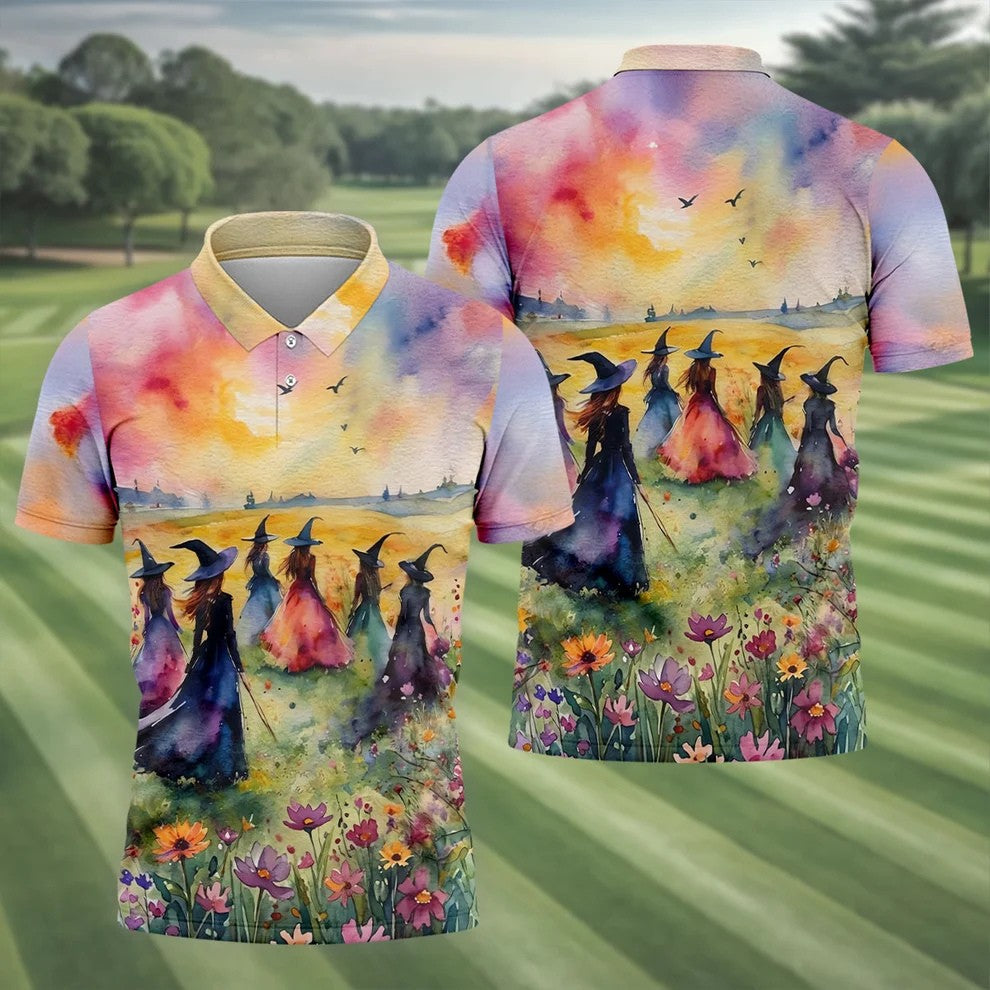 Watercolor Witch Gathering Halloween Golf Polo Shirt, Printed Golf Shirts, Golf Polo Shirts For Men