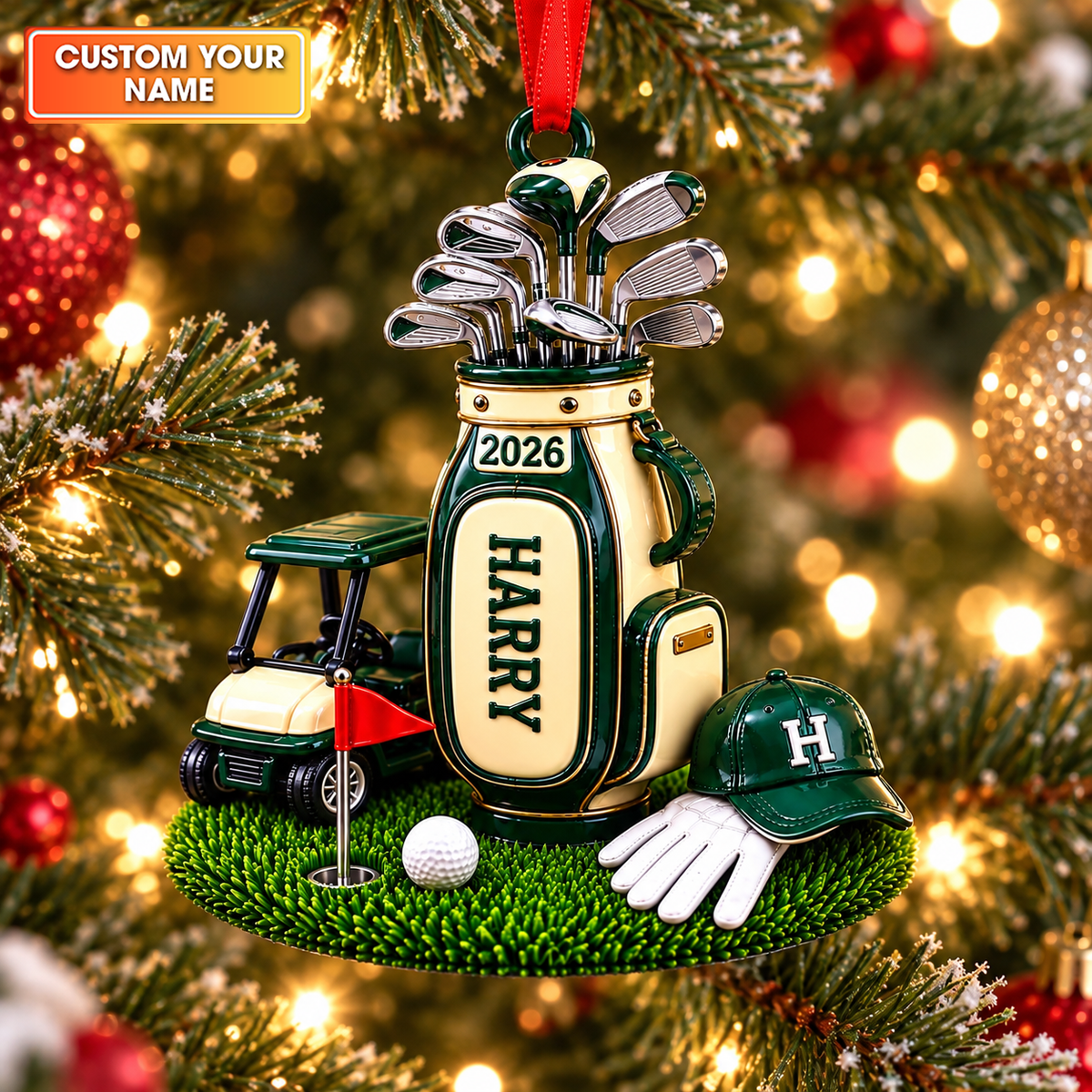 Custom Name Golf Bag Cart Acrylic Ornament, Golf Christmas Gifts, Holiday Ornaments