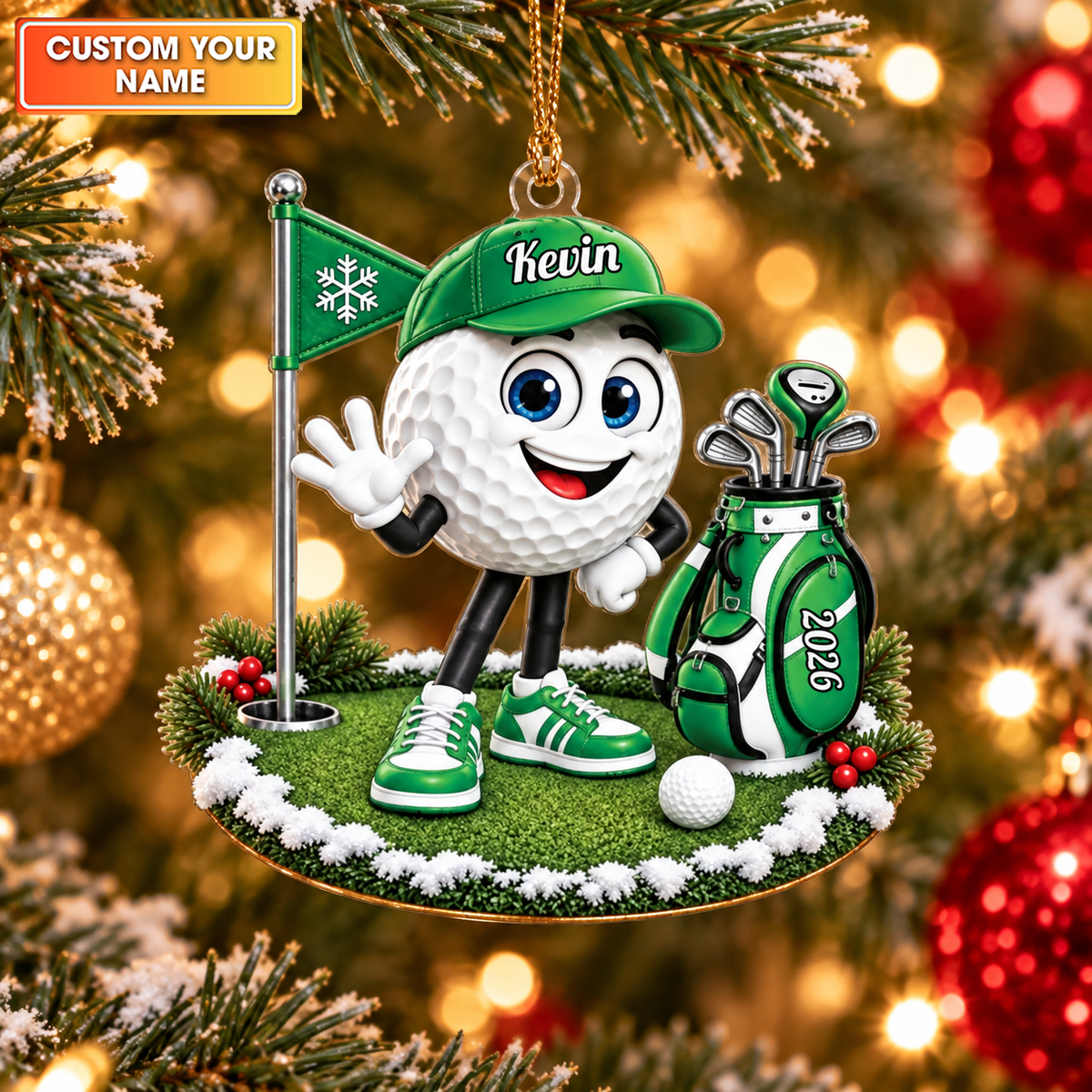 Custom Name Golf Ball And Bag Acrylic Ornament, Personalized Golf Gifts, Xmas Decor