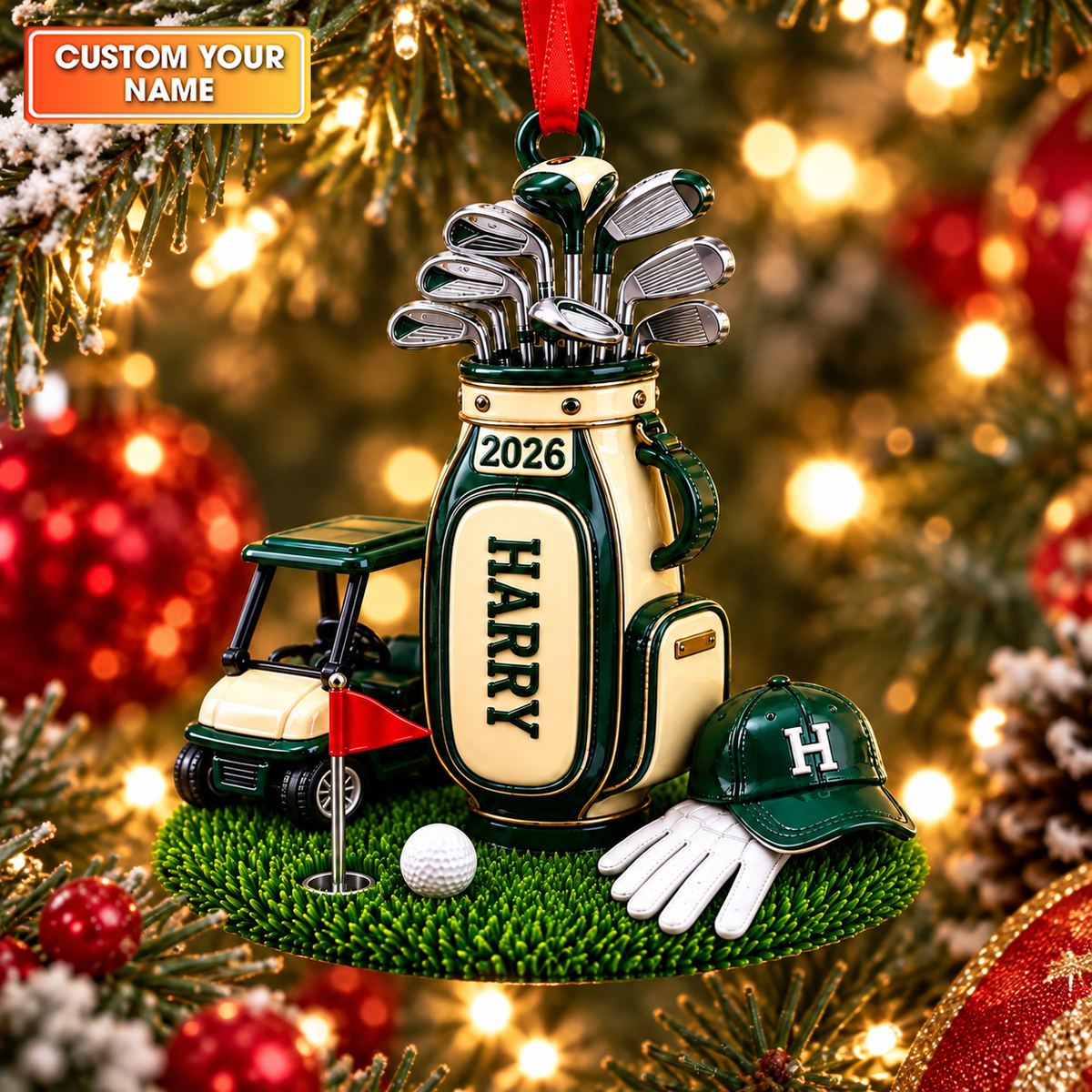 Custom Name Golf Bag Cart Acrylic Ornament, Golf Christmas Gifts, Holiday Ornaments