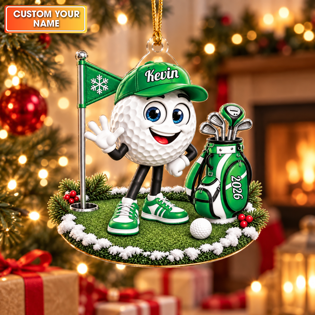 Custom Name Golf Ball And Bag Acrylic Ornament, Personalized Golf Gifts, Xmas Decor