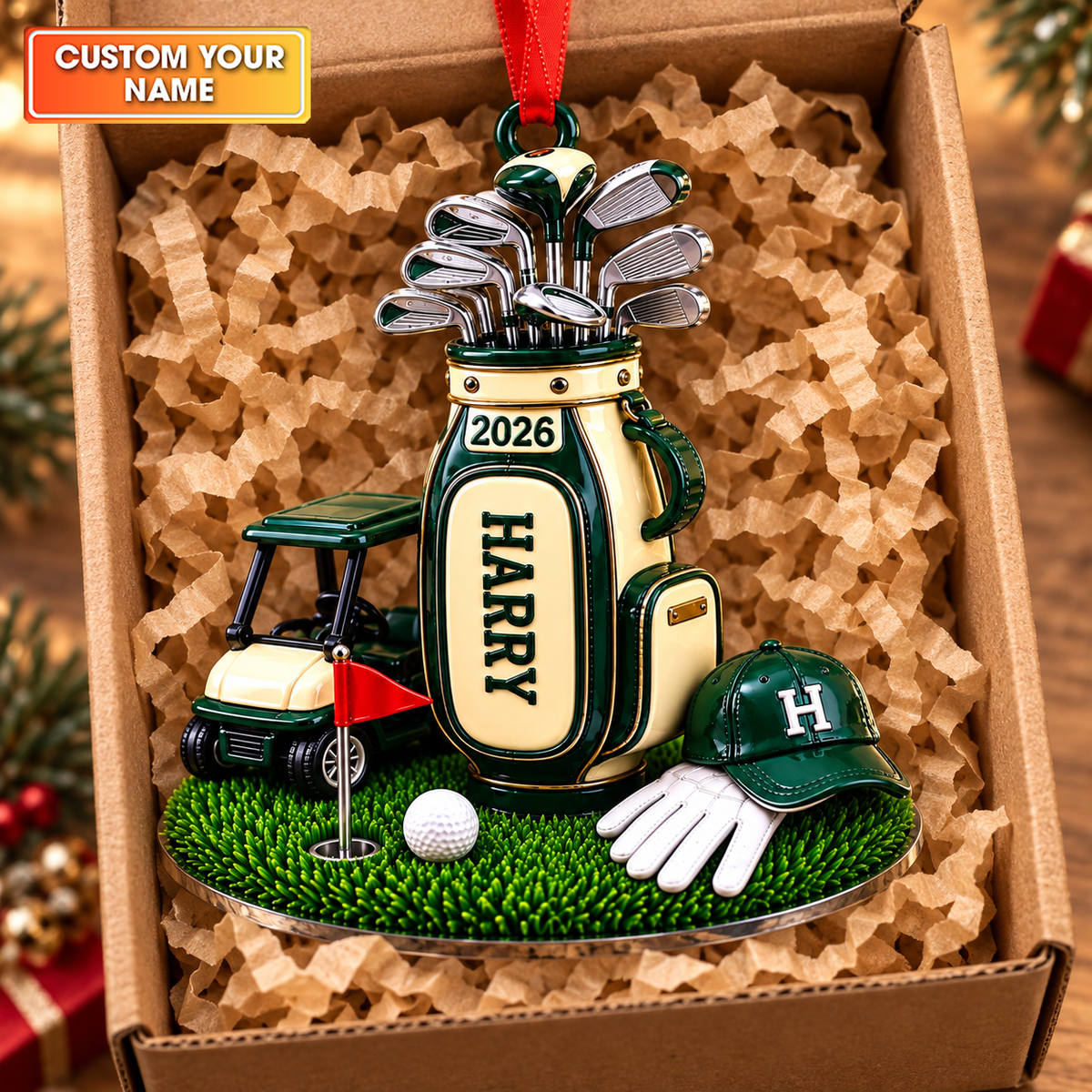 Custom Name Golf Bag Cart Acrylic Ornament, Golf Christmas Gifts, Holiday Ornaments
