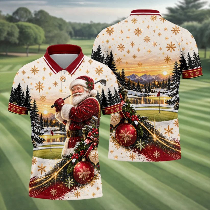 Vintage Santa Winter Christmas Golf Polo, Printed Golf Shirts, Golf Apparel For Men