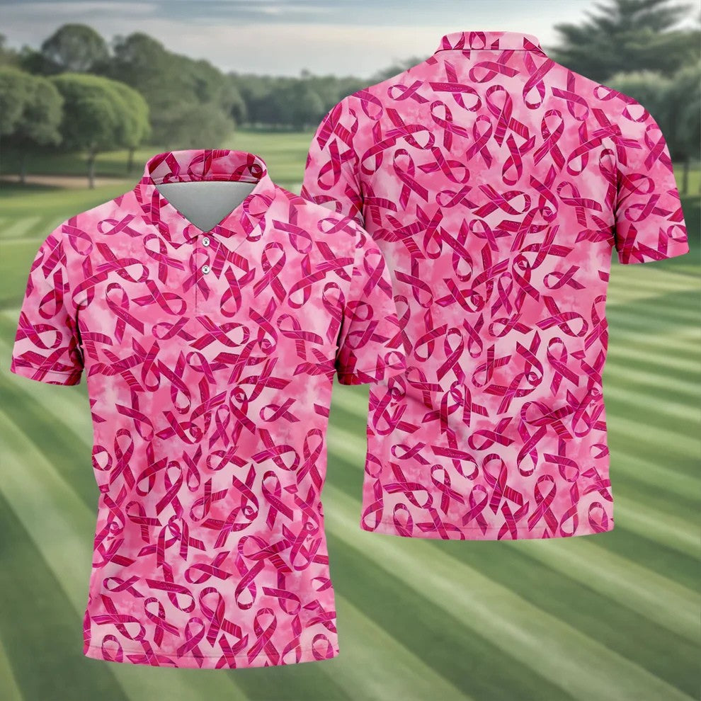 Pink Ribbon Breast Cancer Pattern Polo Shirt, Hawaiian Golf Shirt, Golf Shirts For Men