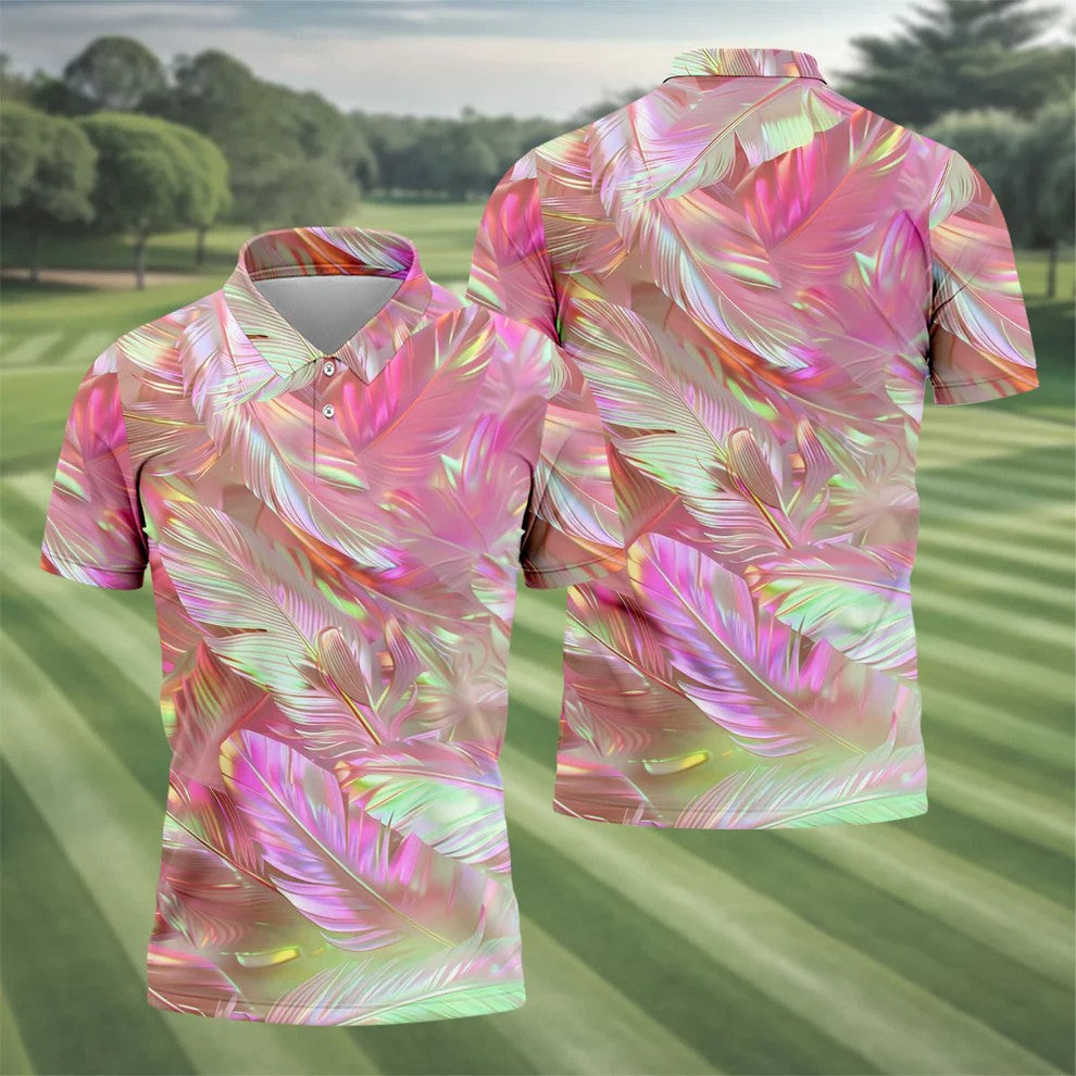 Pastel Gradient Feather Hawaiian Golf Shirt, Golf Tops For Men, Golf Shirts For Men